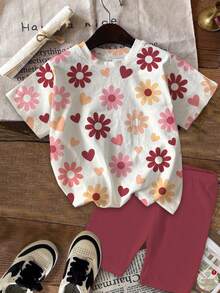 Teen Girls' Casual Cute Polka Dot Colorful Flower & Heart Print 2-Piece Set, Merlot Color, Short Sleeve T-Shirt And Shorts, Suitable For Summer - Multicolor - View 2