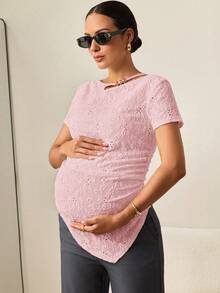 MaterniWear Maternity Casual Asymmetrical Hem Short Sleeve T-Shirt - Baby Pink - View 3