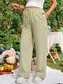 Lyckli Maternity Casual Vacation & Commute Striped Print Drawstring Waist Loose Wide Leg Pants Fall - Yellow - View 9