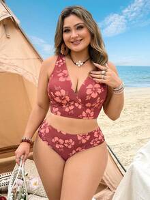 Swim Lushoire Conjunto de Maiô Tankini Estampa Floral Moda Plus Size Feminino Verão 2026 - Multicolorido - Visão 3