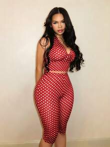 BamGleam Women's Sexy Polka Dot Print Backless Halter Top And Leggings 2 Pieces Set, Summer - Red - View 7