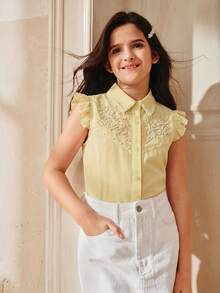 Anewsta Tween Girls' Sweet Cute Solid Color Faux Pearl Ruffle Armhole Blouse, Summer - Yellow - View 7
