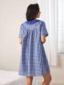 Ocili Áo ngủ ngắn tay, chất liệu cotton kẻ caro, thoải mái, thêu hoa tự nhiên, kiểu gingham, cài cúc phía trước, dành cho nữ. - Màu xanh lam - Xem 2