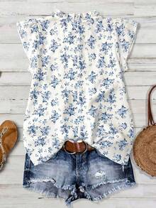 Franclia Plus Size Women Casual Safari Boho V-Neck Cap Sleeve Shirt With Ruffle Collar, Button Closure, Chest Stripe Design, White Summer Office Vacation - Blue and White - View 2