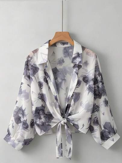 GlowEve CURVE Blusa de gasa gris con estampado y lazo, uso casual de moda para vacaciones, viajes, trabajo y múltiples ocasiones, talla grande