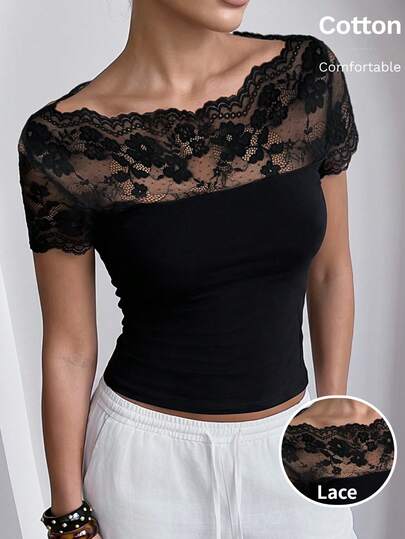 Lavishia Women's Comfortable Lace Splicing Off-Shoulder Elegant Fashion T-Shirt, Summer