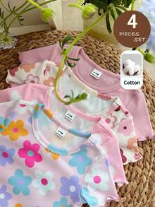 SHEIN Bộ 4 áo thun cổ tròn in hoa cho bé gái, dễ thương và đa năng, phù hợp mặc hàng ngày. - Nhiều màu - Xem 5