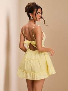 SHEIN BAE Đầm ngắn nữ màu vàng/kem trơn, dây mảnh, hở lưng, buộc dây, thích hợp cho kỳ nghỉ hè ở bãi biển, mùa xuân/hè, đi học, tốt nghiệp, màu vàng, hẹn hò, lễ hội âm nhạc, trang phục dự đám cưới, đầm thanh lịch tối giản gợi cảm, đầm sang trọng, trang phục dự đám cưới, hẹn hò trong kỳ nghỉ. - Vàng nhạt - Xem 4