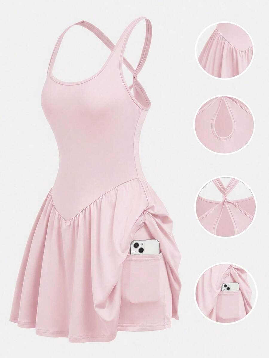 SHEIN Girlism 青少年女孩休閒運動純色交叉背心式洋裝 - 粉色 - 查看 1