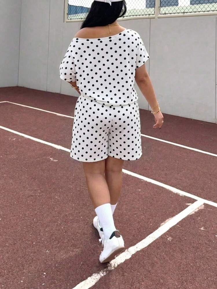Muchica 2pcs/Set Plus Size Women Polka Dot Print Asymmetrical Shoulder Fashion T-Shirt And Casual Shorts - Black and White - View 2