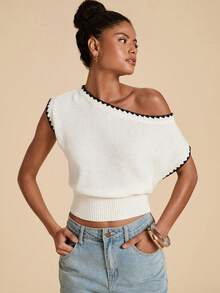 Travachic Maglia casual a maglia asimmetrica con blocchi di colore, versatile per l'uso quotidiano - Bianco - Visualizzare 5