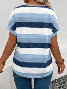 EMERY ROSE New Arrival Plus Size Women's Fashion Printed Striped V-Neck Versatile Colorful Retro Short Sleeve T-Shirt - Multicolor - View 2