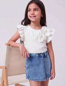 SHEIN 年轻女孩休闲百搭日常牛仔短裙 - 中等水洗藍 - 查看 6