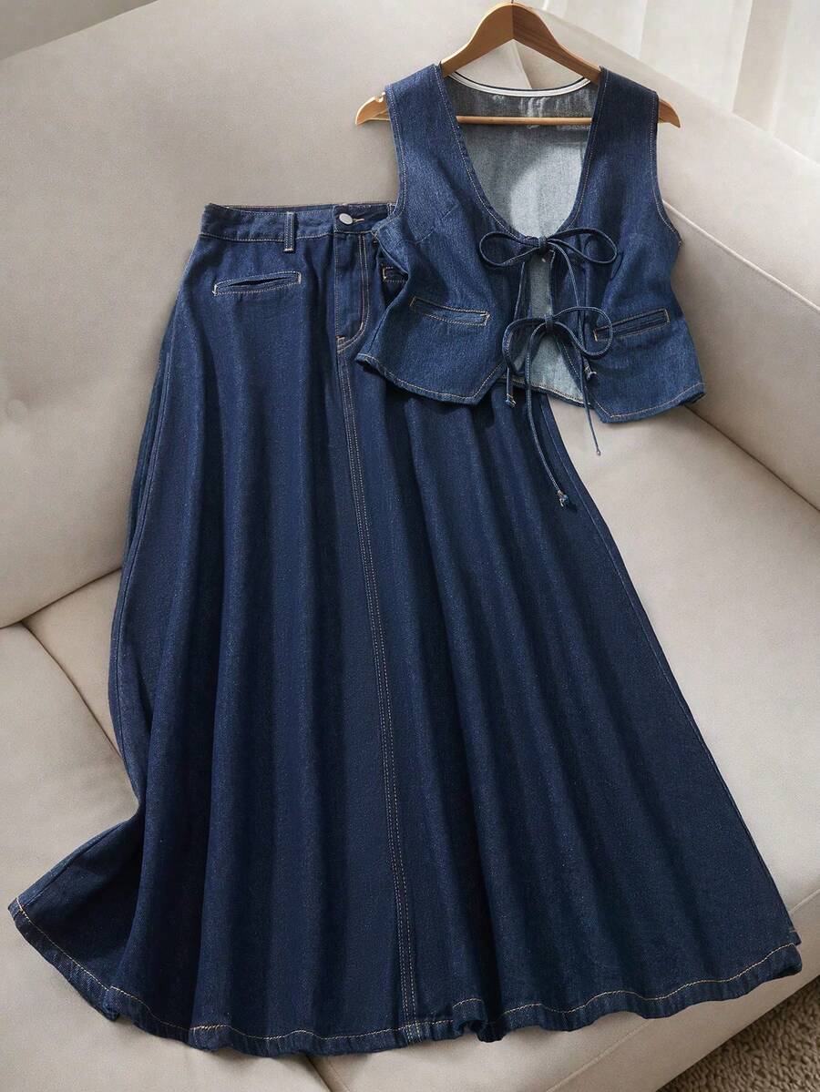 GlowEve Women's Front Tie Casual Versatile Denim Vest - Dark Wash - View 1