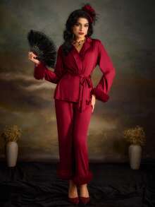PinupPomp Fuzzy Trim Belted Satin PJ Set - Burgundy - View 1