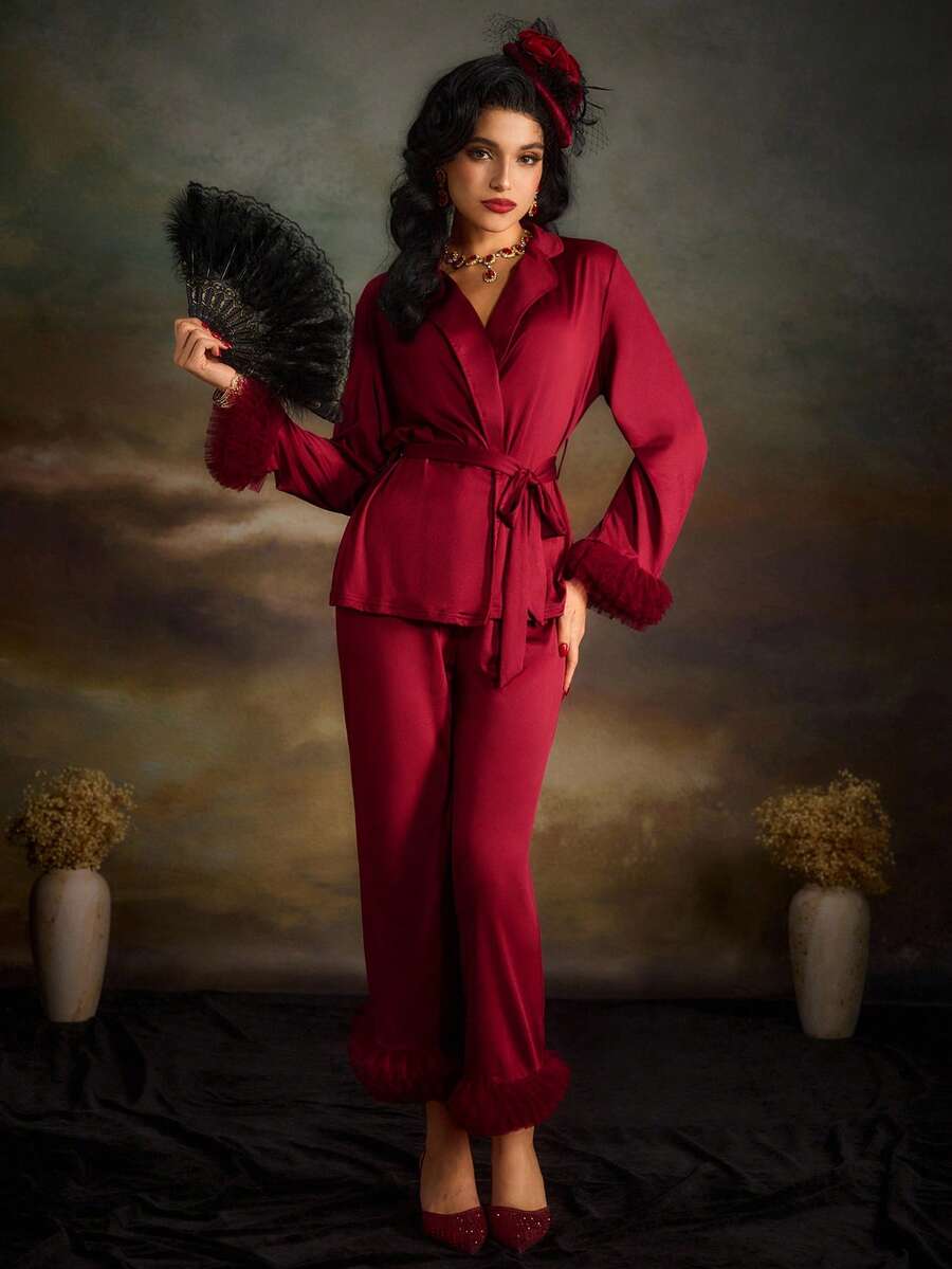PinupPomp Fuzzy Trim Belted Satin PJ Set - Burgundy - View 1