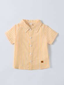 SHEIN 2件/組 小男孩夏季休閒條紋襯衫與短褲套裝 - 黃色 - 查看 4