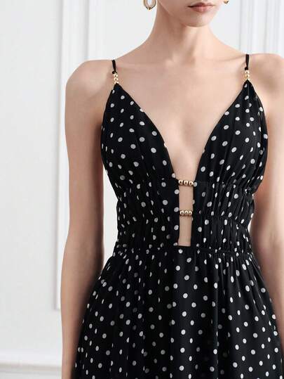Aveloria Modichic Black & White Polka Dot Chiffon Print Spaghetti Strap Backless Metal Ball Chain Decor Deep V Sexy Waist Flared Hem Women's Dress, Elegant Romantic Sophisticated Modern, Suitable For Commuting, Casual, Vacation, Beach, Party And Other Occasions