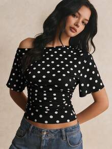 Poéselle Women's Polka Dot Print Asymmetric Shoulder Short Sleeve Fashionable T-Shirt - Black - View 1