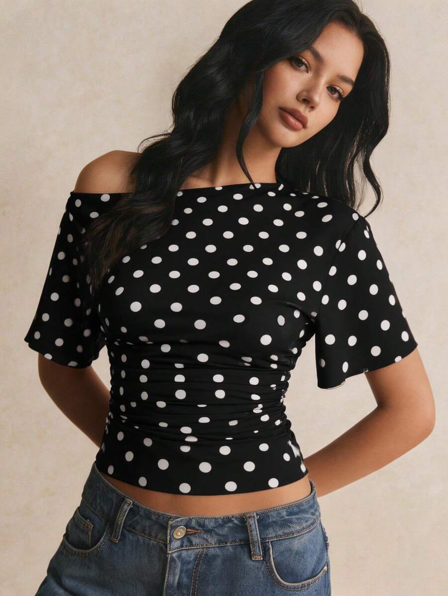 Poéselle Women's Polka Dot Print Asymmetric Shoulder Short Sleeve Fashionable T-Shirt - Black - View 1