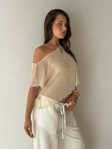 Aloruh Solid Color Asymmetric Neckline Sheer Cover Up With Metallic Threads - White - View 3