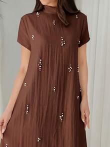 Al Najma Women's Solid Color Faux Pearl Collar Elegant Short Sleeve Arabic Style Dress - Coffee Brown - View 6