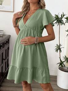 SHEIN Women's V-Neck Ruffle Trim Maternity Midi Dress With Puff Sleeves, Apricot - Army Green - View 3