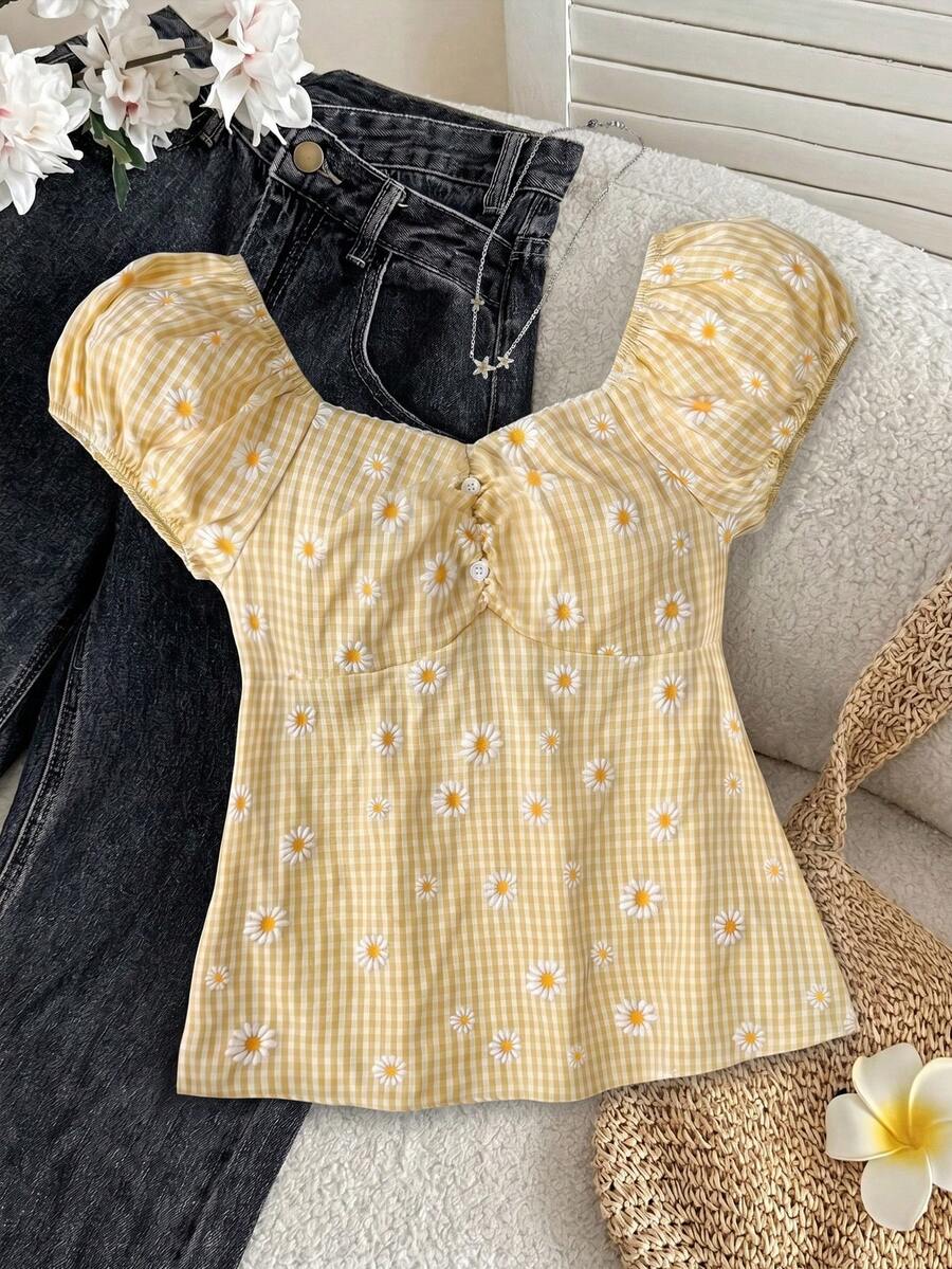 SHEIN Áo sơ mi ngắn tay kẻ caro màu vàng in hoa, phong cách tối giản, thoải mái cho bé gái tuổi teen. - Màu vàng - Xem 1