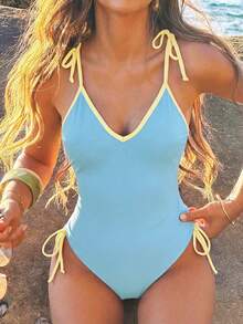 Swim Vcay Áo tắm liền thân màu trơn dành cho nữ, dây mảnh, buộc phía trước, thích hợp cho mùa xuân/hè. - Nhiều màu - Xem 3