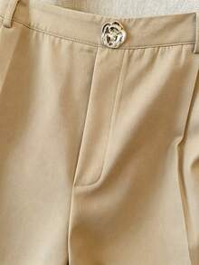 GlowEve CURVE Plus Size Women's Elegant Rose Gold Metal Decor Elastic Waist Side Zipper Straight Leg Long Pants, Suitable For Spring & Summer - Khaki - View 4