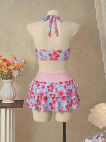 Bellisia 26SS Orange Halter Neck Triangle Bikini Top With Matching Skirt 3 Pieces Set, Beach/Resort Wear - Multicolor - View 2