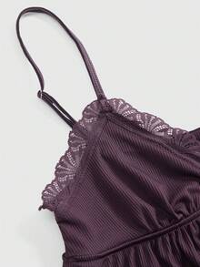 ROMWE Ribbed Lace Camisole & Shorts Casual Pajama Set - Purple - View 5