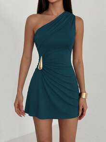Sweetra Petite Women's Sexy Asymmetric Shoulder Ruched Waist Fitted Mini Dress With Metal Buckle Decor, Spring/Summer - Teal Blue - View 4