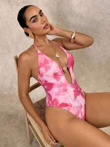 Swim Glamine DivaQ 波西米亚性感芙蓉印花露背连体泳衣 - 淡紫色 - 查看 4