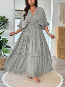 Vionelle Vestido regular con volantes y unicolor de estilo francés, talla grande, primavera/verano - Gris - Ver 8
