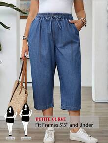 SHEIN PETITE CURVE PETITE CURVE Plus Size Women's Elastic Waist Drawstring Denim Capris With Pockets, Casual Everyday Autumn Streetwear Pants Vacation Dusty Blue - Medium Wash - View 1