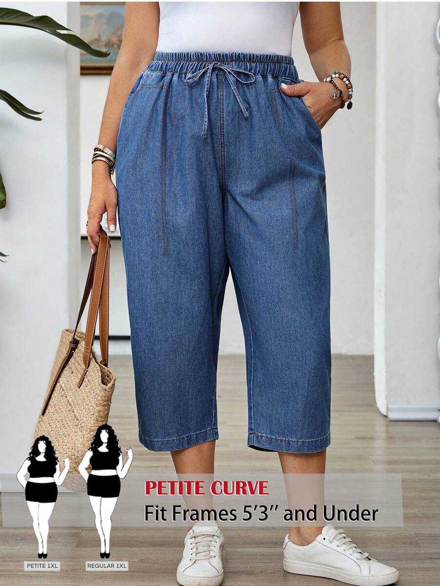 SHEIN PETITE CURVE PETITE CURVE Plus Size Women's Elastic Waist Drawstring Denim Capris With Pockets, Casual Everyday Autumn Streetwear Pants Vacation Dusty Blue - Medium Wash - View 1