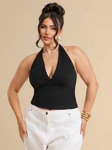 SHEIN BAE CURVE 大尺碼女款 1 件裝棉質黑色休閒掛脖上衣，優雅街頭時尚 Y2K 風格，適合春夏穿搭，適用早午餐、街頭穿搭、約會之夜、通勤、郵輪旅行、Ibiza 之旅、演唱會、Rave 派對與音樂節，適合早餐、外出、約會、通勤、郵輪、Ibiza - 黑色 - 查看 5