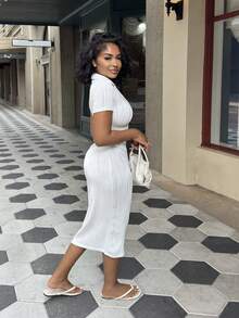 Alexandranx Vestido de mujer de tela de punto ondulado blanco, de manga corta, cuello en V, modelo básico, elegante y casual, de silueta esbelta y falda larga - Blanco - Ver 6