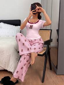 Napfluff 可爱小熊蕾丝装饰修身上衣和宽松舒适裤子女士睡衣套装 - 粉色 - 查看 6