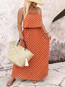 Breezaya Plus Size Full Print Camisole Dress With Layered Look - Orange - View 4