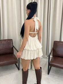 Dayanna Comas Vestido casual de verano para mujer con cuello halter, unicolor y volantes en el bajo - Albaricoque - Ver 3