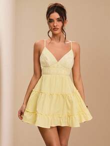 SHEIN BAE Đầm ngắn nữ màu vàng/kem trơn, dây mảnh, hở lưng, buộc dây, thích hợp cho kỳ nghỉ hè ở bãi biển, mùa xuân/hè, đi học, tốt nghiệp, màu vàng, hẹn hò, lễ hội âm nhạc, trang phục dự đám cưới, đầm thanh lịch tối giản gợi cảm, đầm sang trọng, trang phục dự đám cưới, hẹn hò trong kỳ nghỉ. - Vàng nhạt - Xem 6