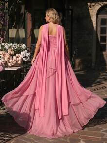 Glamrae Plus Size Women's Elegant Pink Summer Formal Prom Mesh & Organza Patchwork High Slit Ruffle Hem A-Line Dress,Weddings,Parties,Gala Dinners - Pink - View 3
