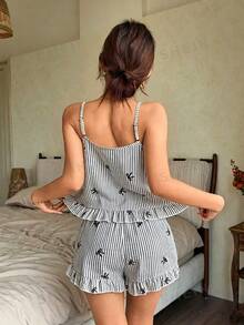 Napfluff Cute Bow Decor Pink Striped Bow Print Camisole & Shorts Pajama Set - Black - View 2