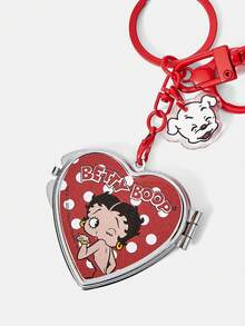 Betty Boop x SHEIN 1个便携式小镜子钥匙扣，红色毛球包挂件，心形化妆镜钥匙扣挂件，复古卡通女士和女孩手提包背包配件。 - 紅色毛球A - 查看 3
