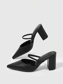 Sleekvia Women's New Chunky Heel Pointed Toe High Heels, PU Material, Simple Commuter Style - Black - View 8