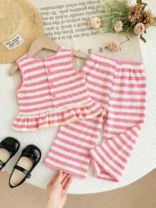 SHEIN LMoss Kids 女婴条纹圆领上衣和宽松休闲裤两件套 - 彩色 - 查看 2