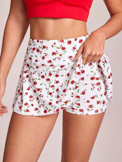SHEIN Sovereign Charm Women's Fashionable Elegant Small Rose Print Design Sheer Underskirt Skirt, V-Neck Sports Skort