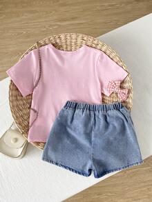 SHEIN Playful Pals 返校季女童休闲可爱圆领彩色波点彩虹印花T恤和纯色牛仔短裙套装，夏季 - 粉色 - 查看 2